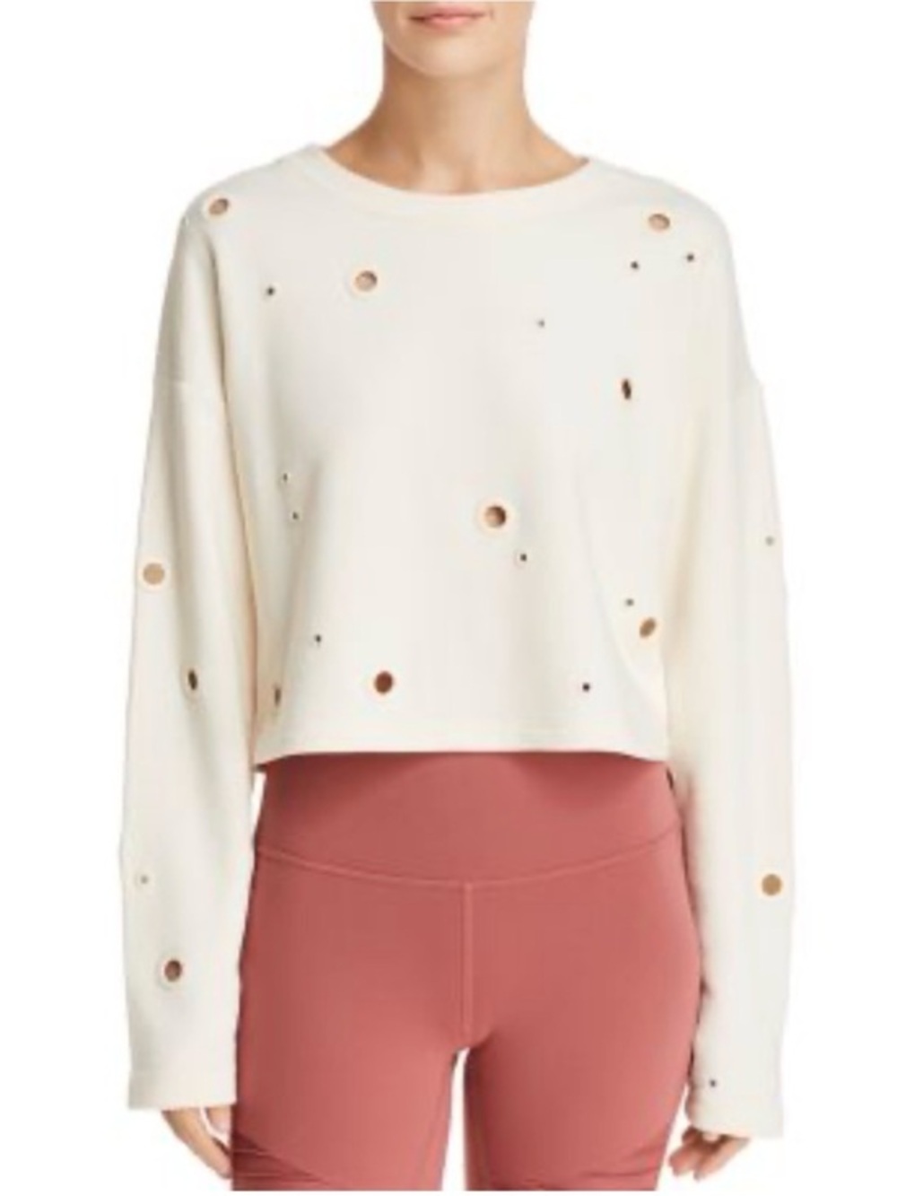 ALO Yoga Cropped Sweatshirt Cream Detail Pullover Small Minimalist Athleisure
